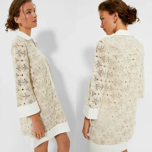 Tuckernuck NEW Tan Crochet Collier Collared Coastal Mini Dress Size S - Picture 2 of 10